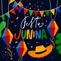 Festa Junina Illustration with party flags and paper lantern. Brazil June festival design for greeting card, invitation or holiday poster.