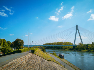 View from the dike of the city of Neuwied to the bridge across the river Rhine