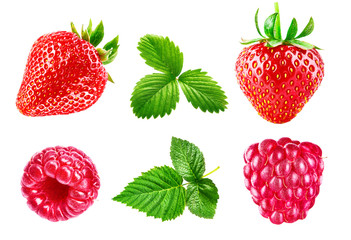 Set berry strawberry and raspberry with green leaves, isolated on white background.