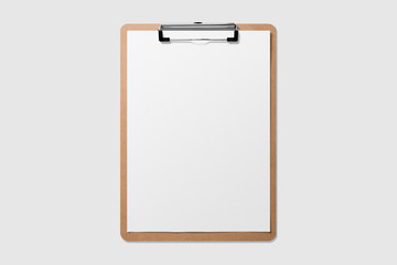 Mockup of wooden clipboard with blank paper isolated on light grey background. - Powered by Adobe
