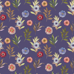 Fototapeta na wymiar Seamless watercolor flowers pattern. Hand painted flowers and leaves of different colors. Flowers and leaves for design.