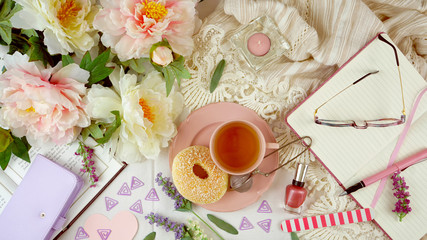 Feminine leisure and relaxation flat lay overhead, sunday morning brunch, Mother's Day, birthday or Valentine's celebration.