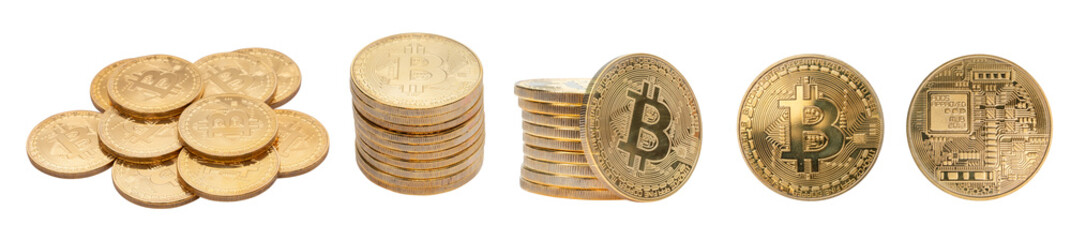 Set of gold bitcoin, cryptocurrency isolated on white background - clipping paths.