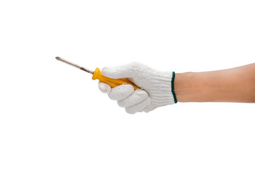Worker hand holding screwdriver isolated on white background - clipping paths.