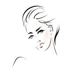 Hand-drawn portrait of young beautiful woman with makeup and hairstyle. Vector