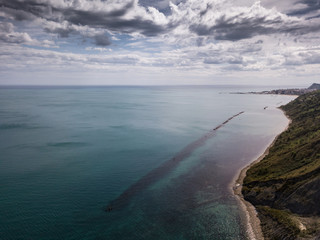 Italia, maggio 2019 - vista panoramica della citta di pesaro e della falesia a picco sul mare del...