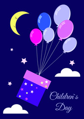 Cute vector card for international childrens day with gift box flying in the sky with balloons. Night sky with stars and moon. Baby fairy tale illustration.
