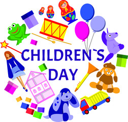 Childrens day vector logo illustration with lots of toys for kids and baby.