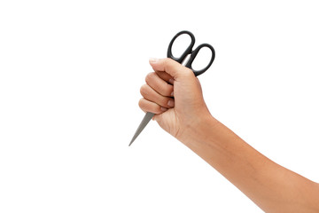 Hand holding scissors isolated on white background - clipping paths.