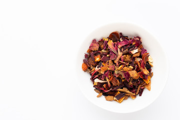 Herbal tea on a white background. Top view.
