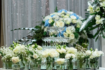 Wine glasses are arranged for parties.