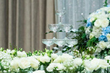 Wine glasses are arranged for parties.