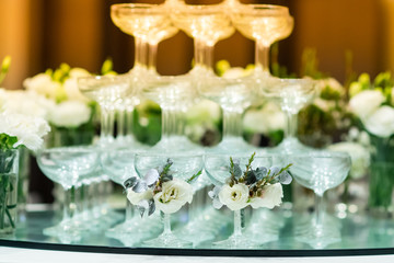 Wine glasses are arranged for parties.