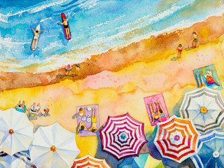 Malerei Aquarell Meerblick Draufsicht bunt von Liebhabern, Familie. © Painterstock