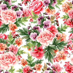 Bright watercolor seamless pattern with peony, roses and violet flowers, berries. 