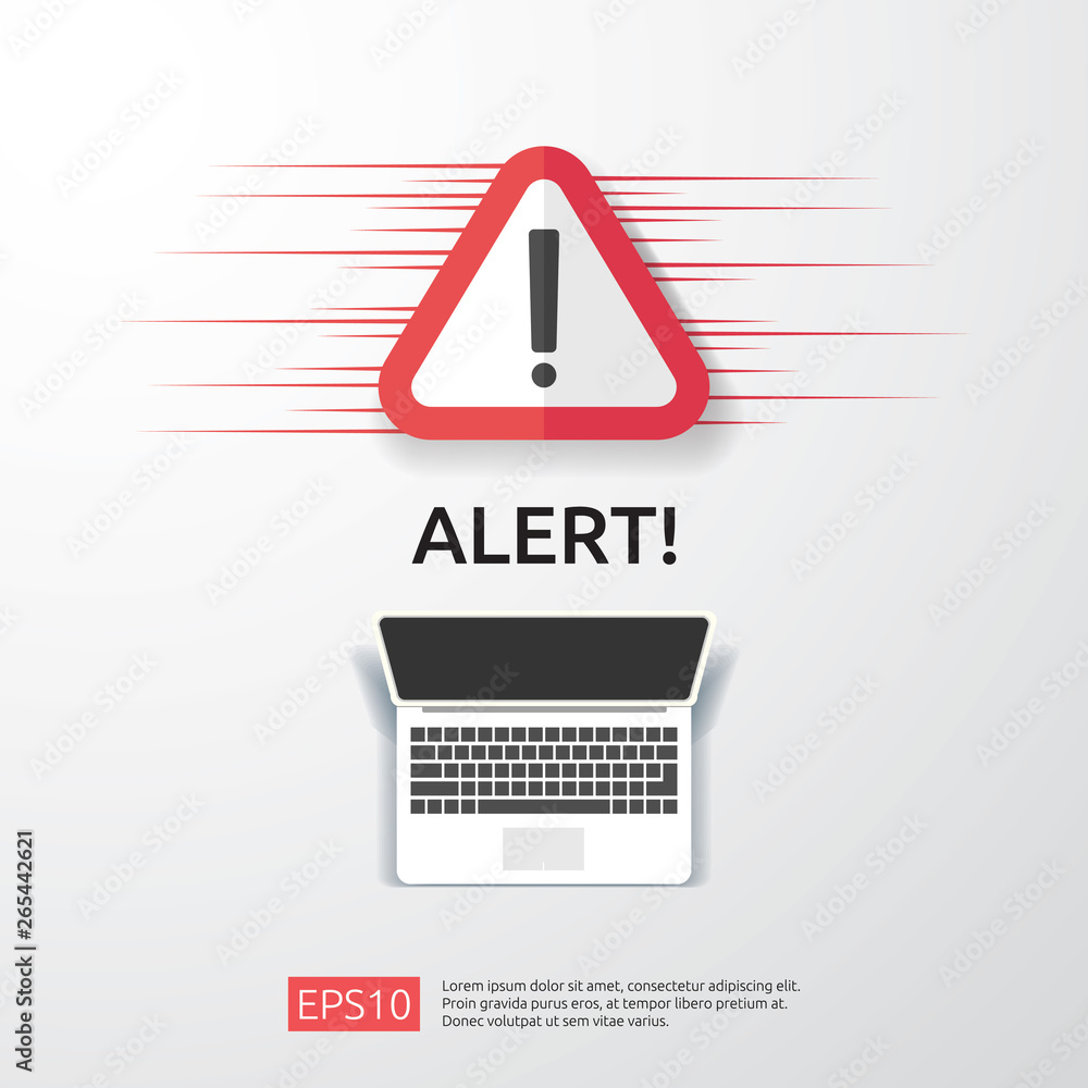 Poster attention warning attacker alert sign with exclamation mark on computer monitor screen. beware alert