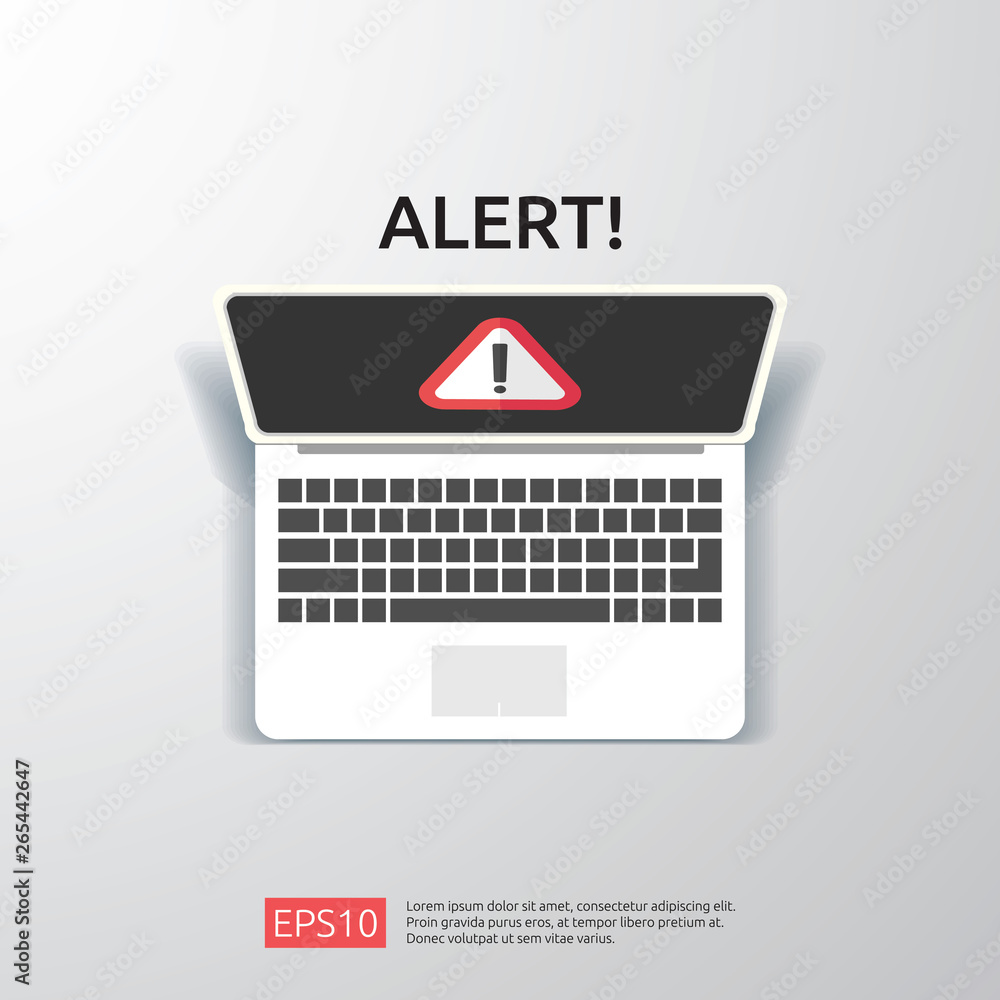 Poster attention warning attacker alert sign with exclamation mark on computer monitor screen. beware alert
