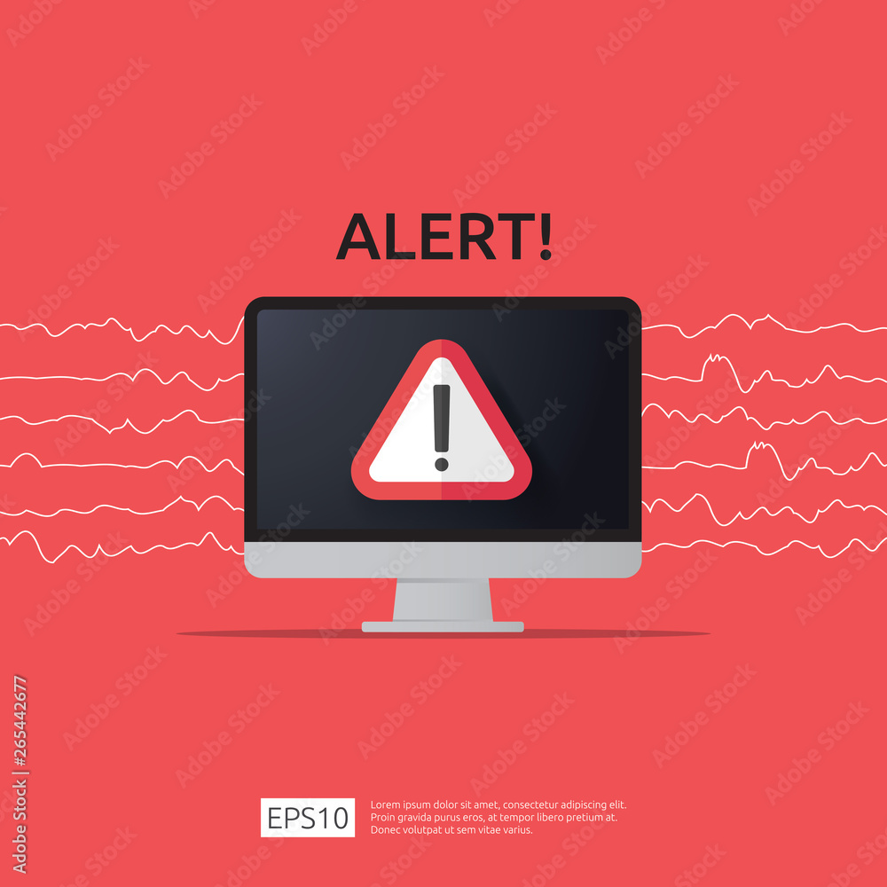 Poster attention warning attacker alert sign with exclamation mark on computer monitor screen. beware alert