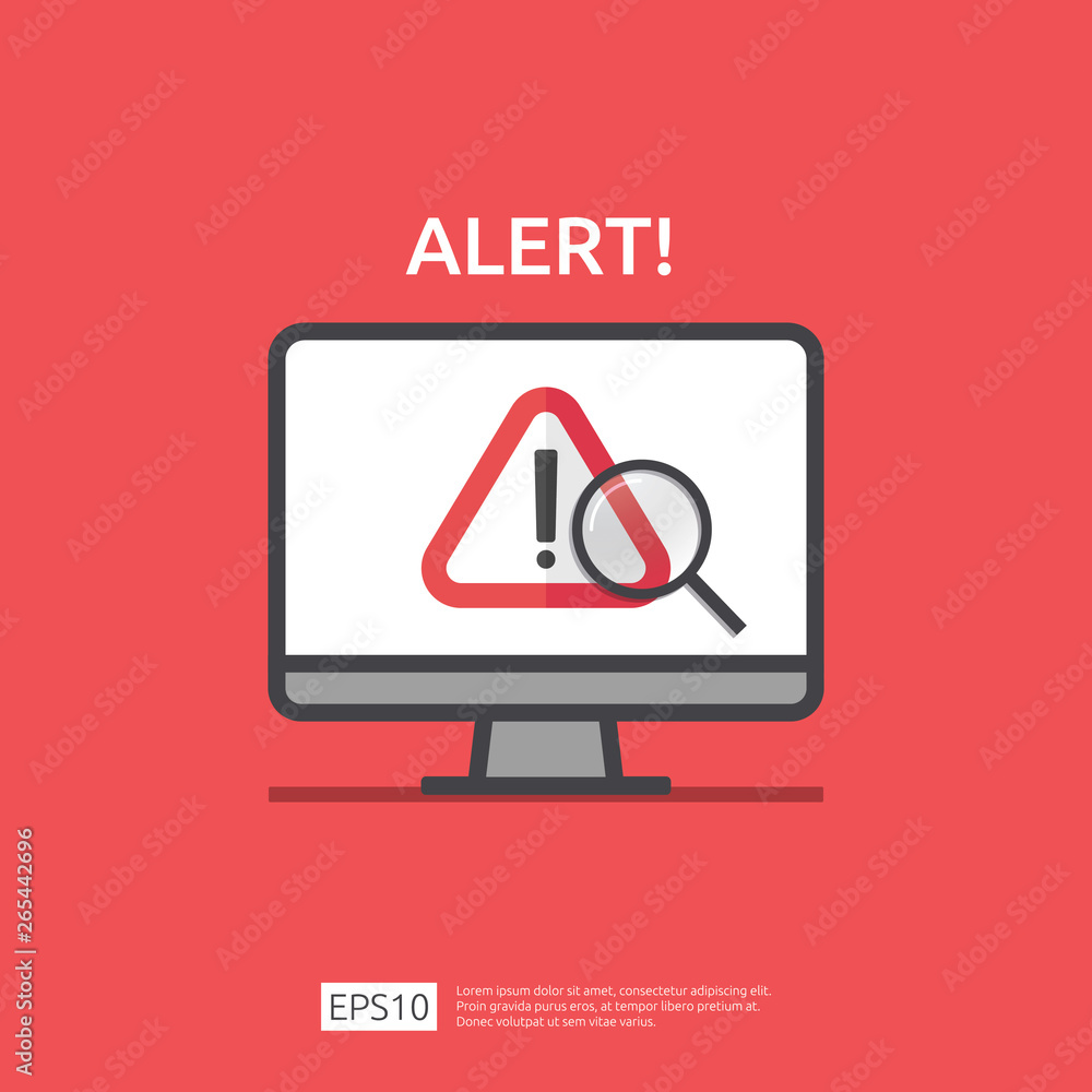 Poster attention warning attacker alert sign with exclamation mark on computer monitor screen. beware alert