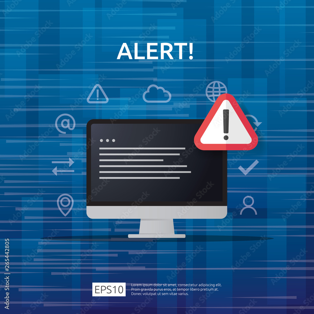 Poster attention warning attacker alert sign with exclamation mark on computer monitor screen. beware alert