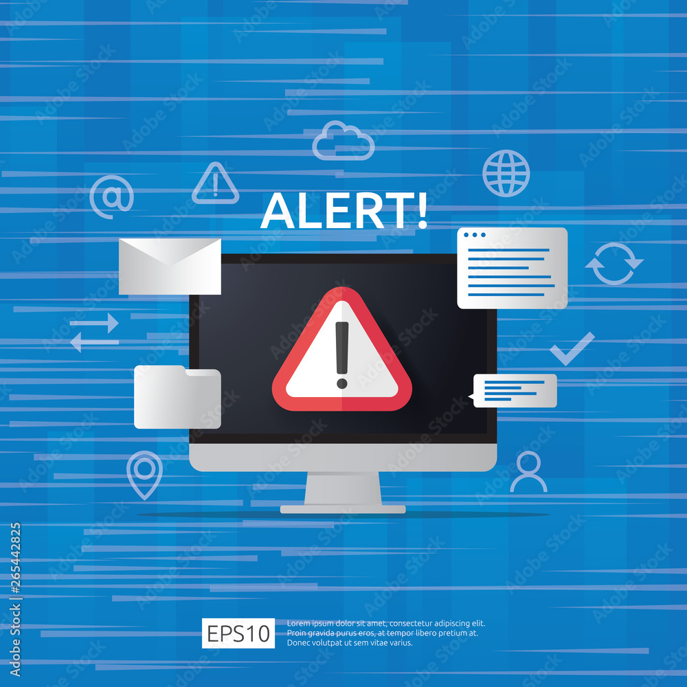 Poster attention warning attacker alert sign with exclamation mark on computer monitor screen. beware alert