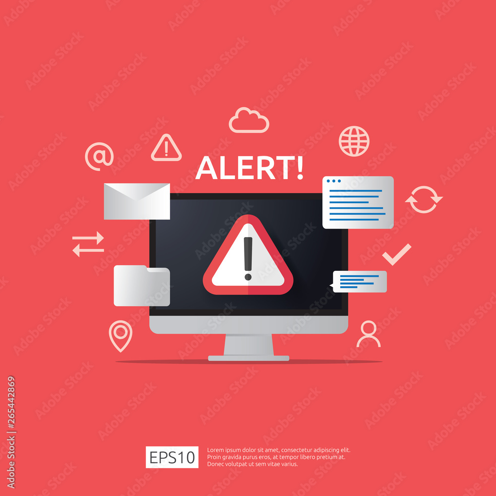 Poster attention warning attacker alert sign with exclamation mark on computer monitor screen. beware alert