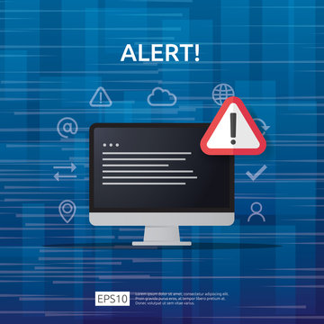 attention warning attacker alert sign with exclamation mark on computer monitor screen. beware alertness of internet danger symbol icon. Security VPN protection Concept. vector illustration..