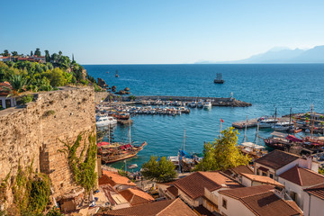 Fototapeta premium Panoramic view of old harbor and downtown called Marina in Antalya, Turkey, summer