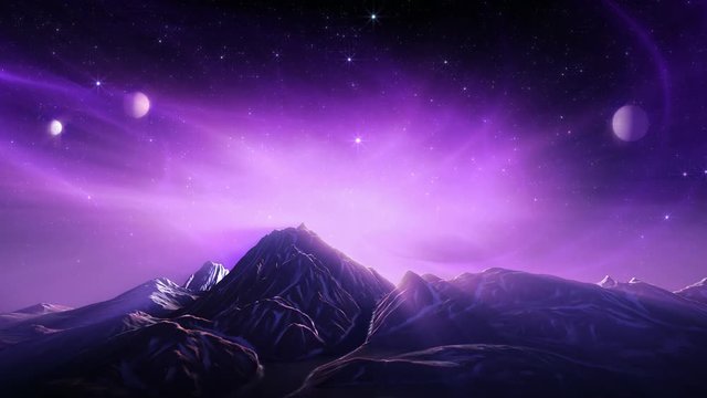 Alien landscape loop. Aurora lights in starry night sky with planets, above snowy mountains. Fantasy sci-fi scene. Purple version. Digitally generated animation.