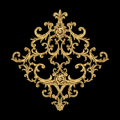 Baroque style gold element. Watercolor hand drawn vintage engraving floral scroll filigree rhombus design.