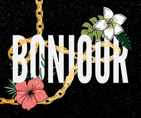 Bonjour slogan. Perfect for pin, card, t-shirt design, poster, sticker, print. Vector illustration. © 1emonkey