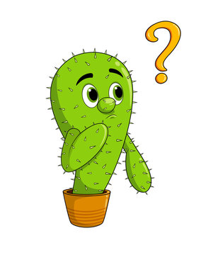 Cute cactus mascot with pointed question. Funny happy plant character. Cartoon vector Illustration. Isolated on white background.