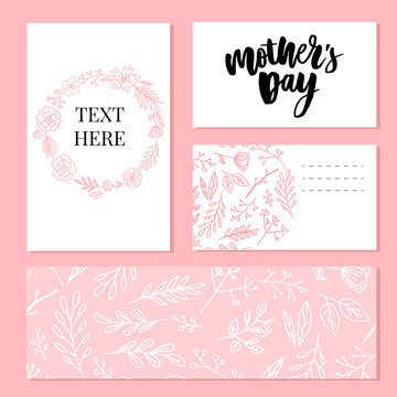Happy Mother's Day elegant typography pink banner. Calligraphy text and heart in frame on red background for Mother's Day. Best mom ever vector illustration set