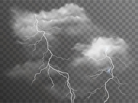Vector realistic stormy clouds with lightning effects isolated on dark background