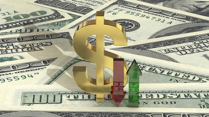 3d illustration: Gold dollar symbol with a long shadow on the background of us currency banknotes, with a red and green arrow up and down. Exchange rate.