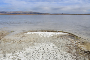 China, Tibet. The store of the lake Ngangtse (Nganga Tso (4690 m)) in cloudy day in summer