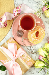 Feminine leisure and relaxation flat lay overhead, sunday morning brunch, Mother's Day, birthday or Valentine's celebration.