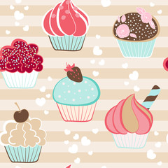 Delicious birthday party cupcakes with fruits whipped cream and candy topping on a striped coffee vanilla background. Pastry design