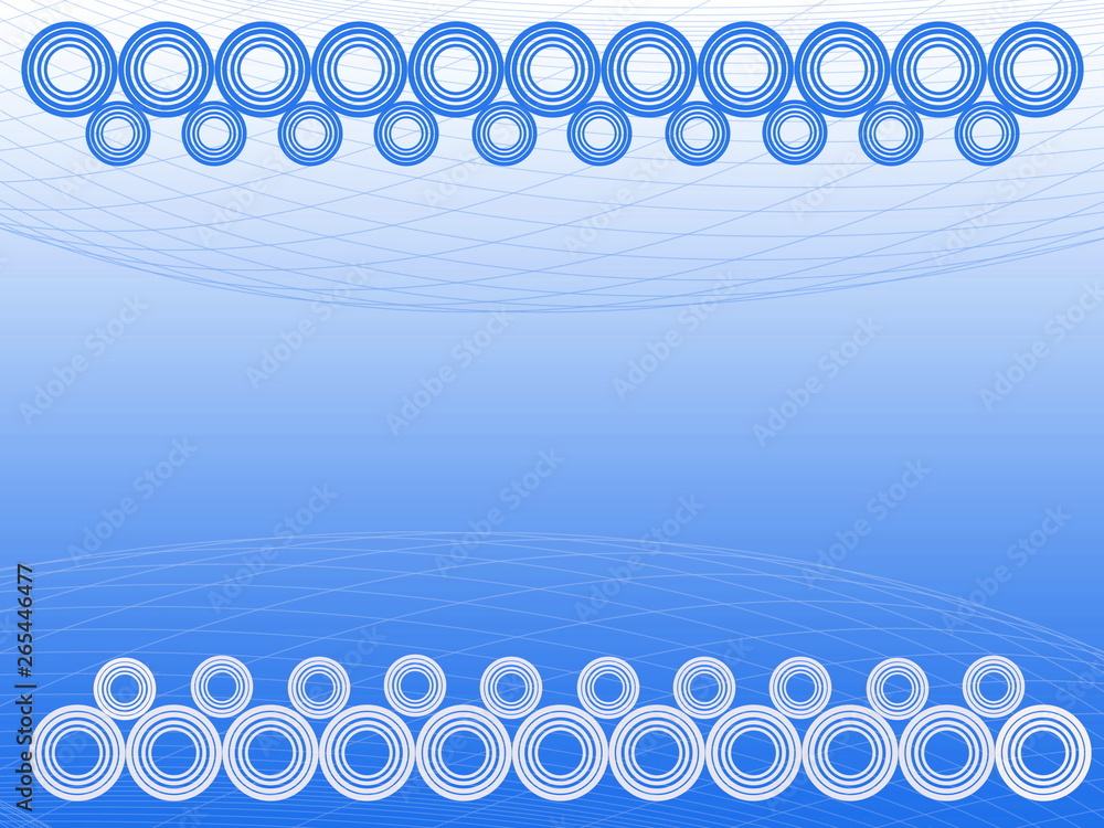 Poster light blue circles connected in a row stand up in front of an light blue net and white circles conne