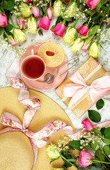 Feminine leisure and relaxation flat lay overhead, sunday morning brunch, Mother's Day, birthday or Valentine's celebration.