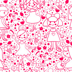 magenta outline cartoon little girls playing games on a children's toys background seamless  pattern..Summer vocation scene