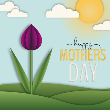 Happy Mother's day card, 3D paper cut tulip on grass under blue sky with sun and clouds
