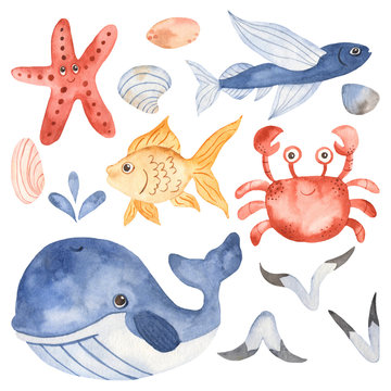 Watercolor set with cute cartoon kids underwater creatures. Illustrations for invitations, party decorations, for print, craft projects, blogs, baby shower, travel.