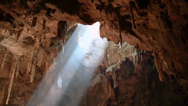 Pan-video shooting, Light from the cave. The nature wonderful tourist attraction of Thailand, the place of Khao Luang Cave, Phetchaburi Province.