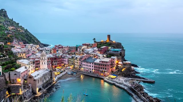 Time lapse of Vernazza village in Cinque Terre Coast of Italy. UHD, 4K