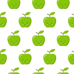 Vector seamless pattern illustration with cute kawaii apples on white background. Cartoon style