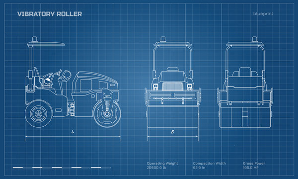 Vibratory roller in outline style. Side, back and front view. Building machinery image. Industrial isolated drawing of asphalt compactor. Diesel vehicle blueprint