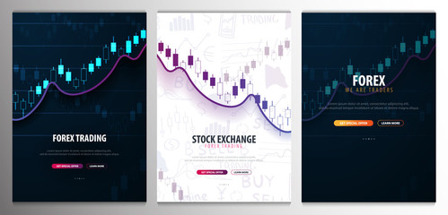 Set banners of Forex Trading Signals. Candlestick chart in financial market. Vector illustration.