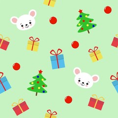 seamless pattern with hristmas tree, gifts and cute mouse on green background - vector illustration, eps