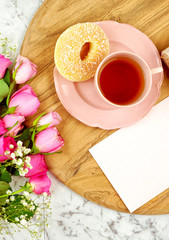 Feminine leisure and relaxation flat lay overhead, sunday morning brunch, Mother's Day, birthday or Valentine's celebration.